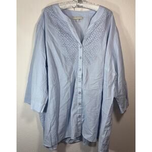 Woman Within Size 30/32 3X Cotton Blue Pullover Top Lace Detail Button Up